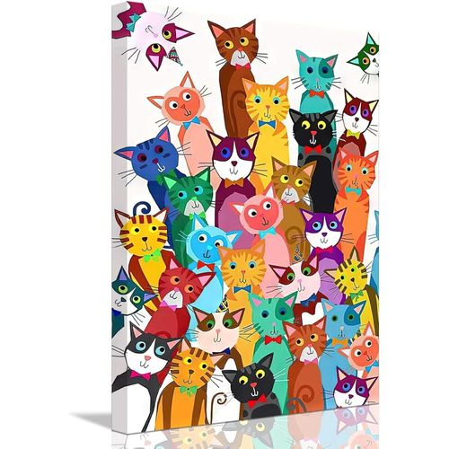 Riveda Framed Cartoon Cat Canvas Wall Art Cute Smiley Cats Canvas Picture Funny Colorful Cat Wall Art Nursery Wall Decor Kid's Bedroom Poster12*16