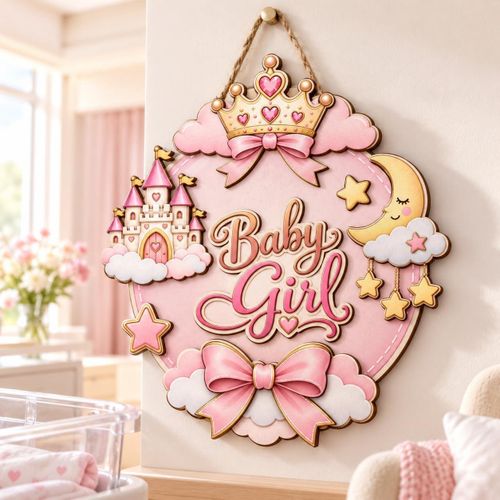Baby Girl Wooden Hanging Plaque, Baby Room Decor, Nursery Door Sign and Hospital Room Decor, Multilayer Design, Newborn Gift, 40x40cm Queen of Castle