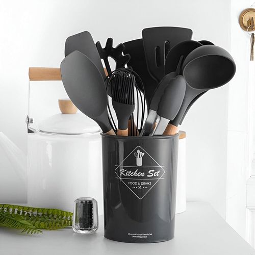 12 Piece Complete Cooking and Serving Set - Thermal Silicone Wooden Handles Non-Hot Cold Food with Stand
