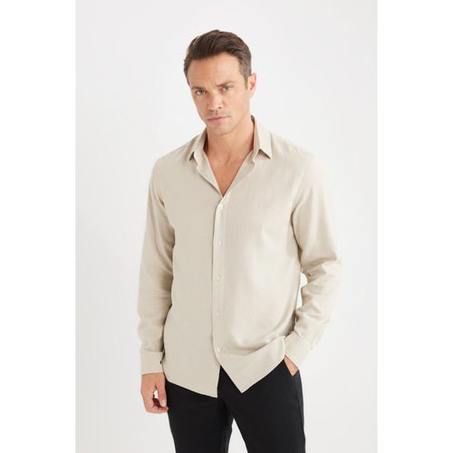 Regular Fit Polo Neck Linen Long Sleeve Shirt