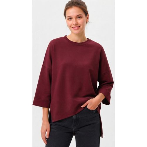 Women Oversized Cotton T-Shirt with Rolled Sleeves, One Size , color burgundy