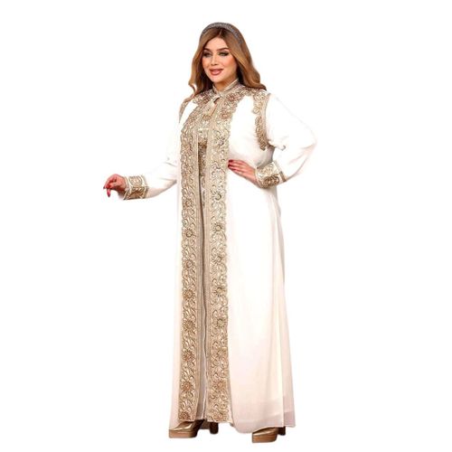White - Luxury Women's Abaya in Olive Green with Golden Embroidery, Elegant Design for Formal & Daily Occasions, Fits All Sizes