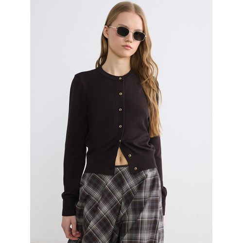 Crew Neck Ribbed Knit Cardigan For Women