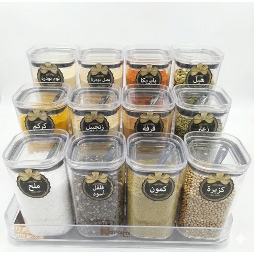 Acrylic spice set, 12 pieces with spoons and a dedicated stand, keeps your kitchen counter always neat and organized.