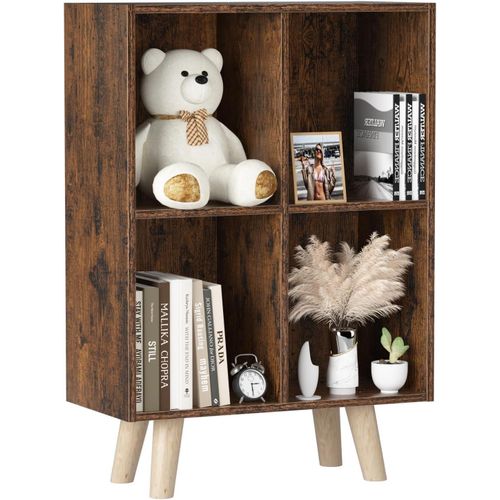 Retro Wooden Open Bookcase, 2-Tier Floor Standing Bookshelves Toy Storage Organizer Shelf with Legs, Wood Storage Cabinet Book Shelf for Bedroom, Living Room, Office, Study, Library, Brown