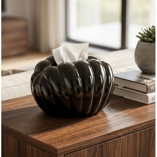 Luxury Black Ceramic Tissue Box Cover - Sea Shell Ribbed Design - Heavy Duty - 18*13 cm.