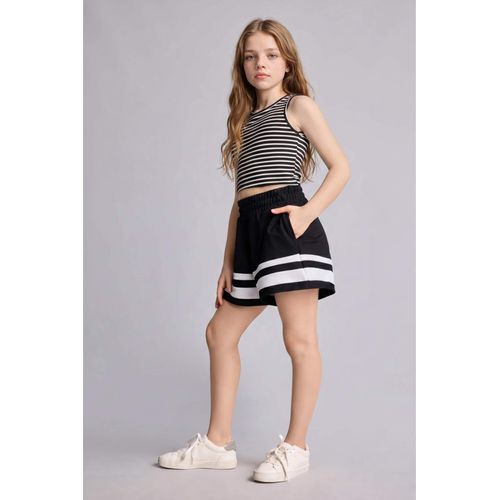 Girl Elastic Waist Striped Black Shorts