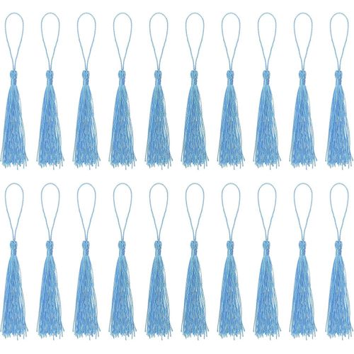 QUARKZMAN Bookmark Tassels - Pack of 30 13 cm / 5 Inch Silky Soft Mini Tassel with Loops for Key Chain Graduation Handmade DIY Craft Accessories, Light Blue