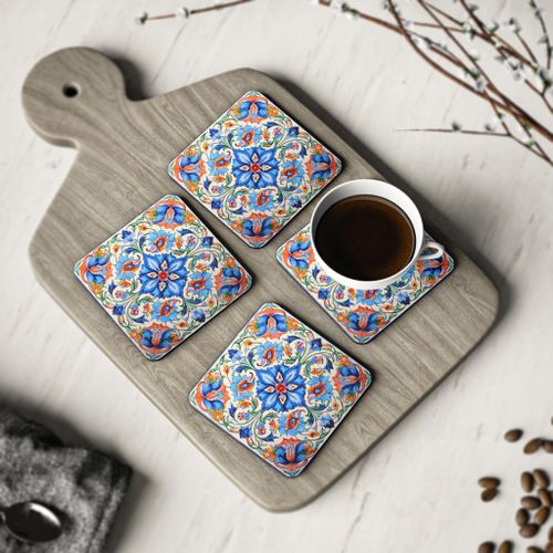 Four Pieces Ramadan Persian Patterns Vintage Floral Rubber Coasters – Elegant, Heat-Resistant & Waterproof Drink Rubber Coasters, Coaster Tea Cups - Coffee Mugs and Glasses Coaster