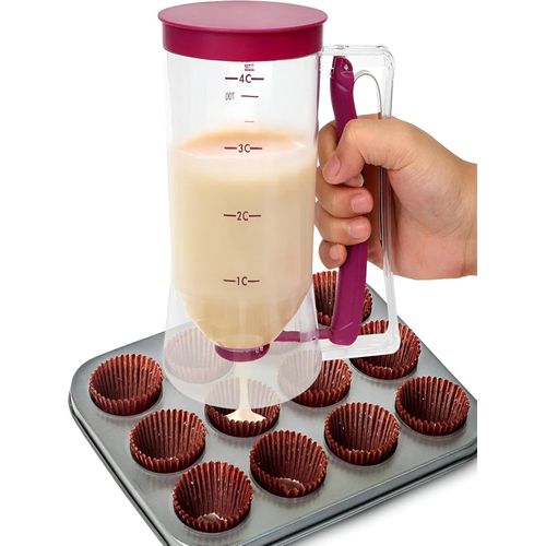 موزع خليط الكعك - يتيح لك موزع خليط الكعك بسعة 900 مل صب الخليط بدون فوضى، بمقبض زنبركي للتحكم الدقيق وقاعدة سيليكون للحفاظ على نظافة مطبخك بألوان متعددة