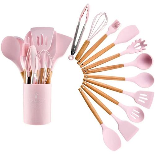 Set 12 Piece Premium Silicone Kitchen Utensils Kit w/ Wood Handle Skimmer Spatula Ladle Pot Blue Red Gray Pink Black White (PINK)