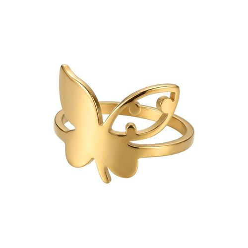 Women's stainless steel ring, gold color, size 18, rust and tarnish resistant, various modern designs, solid butterfly shape