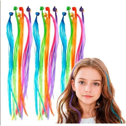Jenny Hair Extensions - 12 Pieces Nylon Braided Hair Clips for Kids and Adults, Disco Color, Straight Hair Type