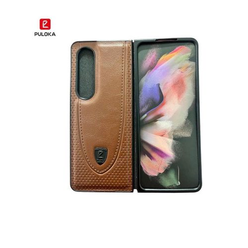 جراب حماية من الجلد الطبيعي نحيف مقاوم للصدمات يغطي كامل هاتف سامسونج جالاكسي زد فولد 4 5G بني اللون