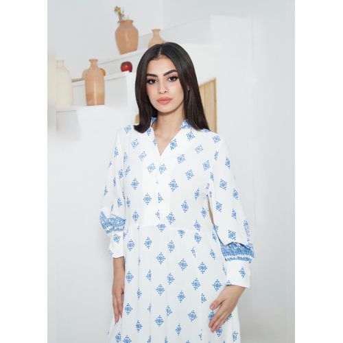 Print Midi Dress, Split Hem, Puff Sleeves, Stand Collar, Belted Waist, Boho Style