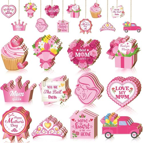 36 Pcs Mother's Day Hanging Ornaments Wooden Mothers Day Decorations Rustic Mom Wood Cutout with Rope Flower Cupcake Crown Mini Signs Mother's Day Decor for Small Tree Mom Women Birthday Party Home
