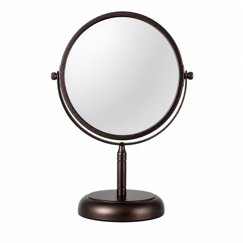 Round makeup mirror with two sides: one magnifying side and one regular side, 360° rotation, luxurious design.