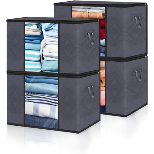 Large Storage Bags, 4 Pack Clothes Storage Bag Foldable Organizers with Reinforced Handle Thick Fabric for Comforters, Blankets, Bedding, Storage with Sturdy Zipper, Clear Window, 90L