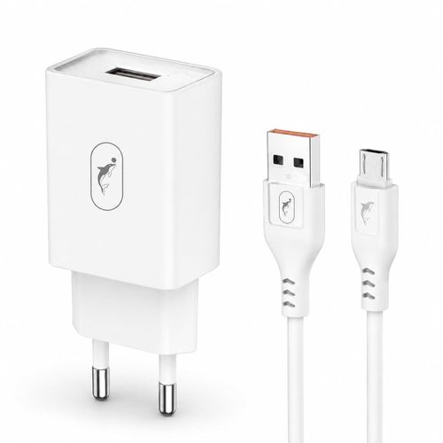 White USB-A Wall Charger with Micro Cable – Dual EU Plug Power Charger for Micro Compatible Devices