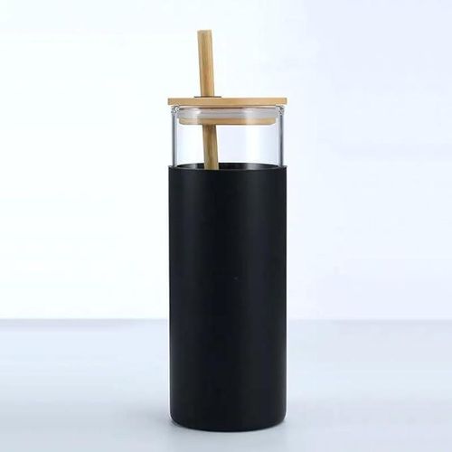 500ML Iced Coffee Glass Mug with Wooden Lid & Straw – Round Borosilicate Glass Cup for Hot & Cold Drinks – Black
