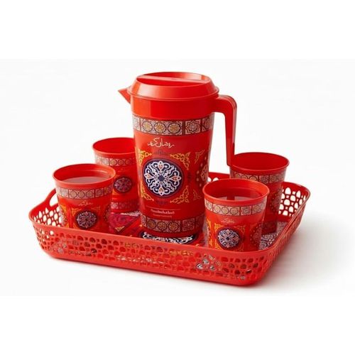 Ramadan Plastic Serving Set with Tray and Jug 1700ml and 4 Cups Premium Plastic Red Traditional Islamic Patterns 5 Pieces