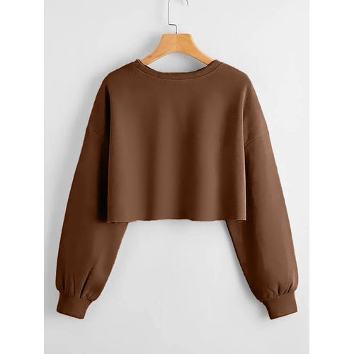 Stylish Women Short Hoodie Round Neck - Brown
