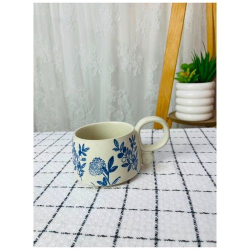 Aesthetic Blue Botanical Speckled Ceramic Mug with Round Ring Handle