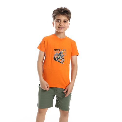Solid Pattern Cotton Pajama Set - Orange Green