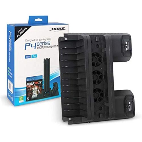 PlayStation 4 Slim Pro Stand with Cooling Fans, Controller Charger, USB Port, and Disc Storage, Silicone