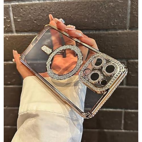 Glitter Magnetic Case for iPhone 15 Pro Max Compatible with MagSafe, Bling Rhinestone Camera Lens Protector, Clear Slim Military Shockproof Cover for iPhone 15 Pro Max (Gold, iPhone 15 Pro Max)