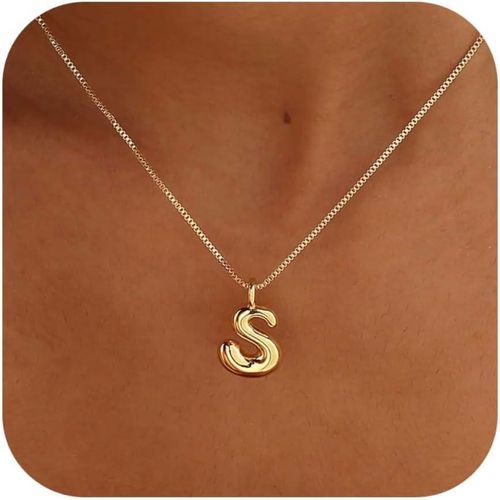 A real gold 'S' letter necklace you’ll receive, made of 26 letters with a shiny new balloon design, large size with A-Z bubble letters, featuring a collarbone-style chain.
