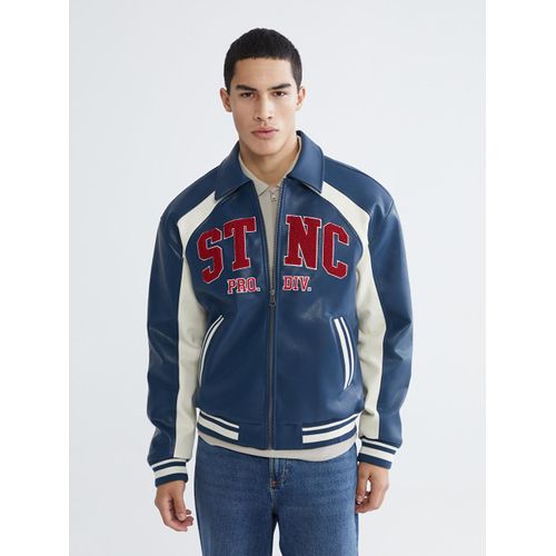 Loose Fit Embroidered Men's Faux Leather Jacket