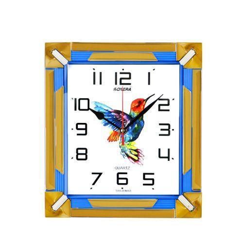 SONERA Square Wall Clock with Colorful Bird Design and Gold-Blue Frame – Precise Quartz Movement