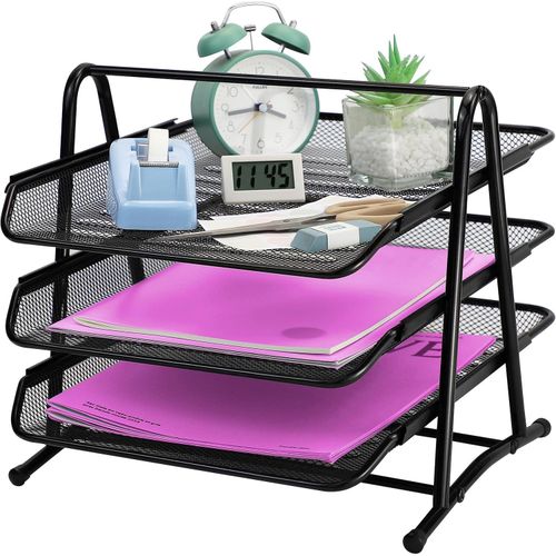 3 Tier Mesh Letter Tray Office Filing Trays Holder Desk Organiser Stacking Supports Document Filing Trays Paper Holder,Metal File Organizer Tray for School Home And Office (3 Tier)