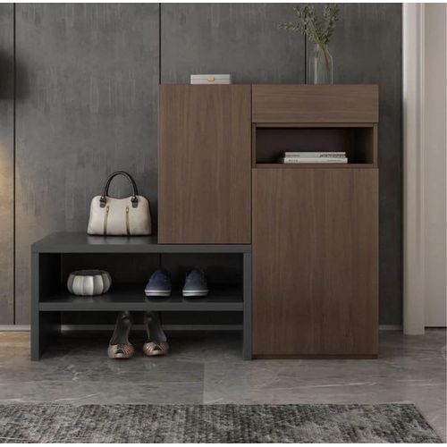 Modern Shoe Cabinet with Bench and Storage Shelves - Brown & Gray - 120 x 37 x 120 cm