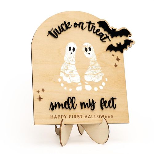 Baby’s First Halloween – Halloween baby stuff - Baby's First DIY Footprint Art Wooden Milestone Card Keepsake Little Boo Sign Nursery Decorative