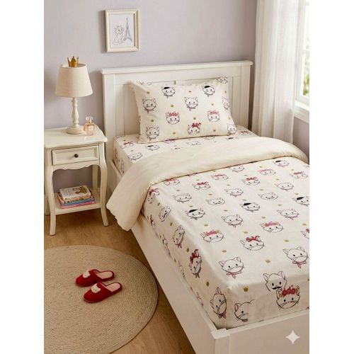 Yarlin-Cotton 100% Bed Set (Fitted Bedsheet for 120 cm beds and 1 Small Pillowcase (Ketties 1) Design
