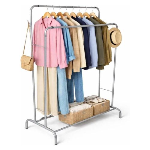 eBasket Clothes organizer and metal double rack with 4 hooks, dimensions (160cm height * 110cm width * 20cm depth) (silver color)