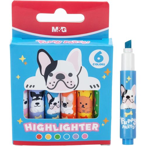 Chenguang Puppy Party 6 Pack Mini Highlighters, Assorted Fluorescent Colors, Cute Puppy Design Highlighter Pens, Quick Dry Chisel Tip - No: AHM29675