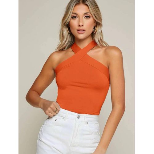 BAE Top with Halter Neck and Slim Crisscross Tie in Solid Color