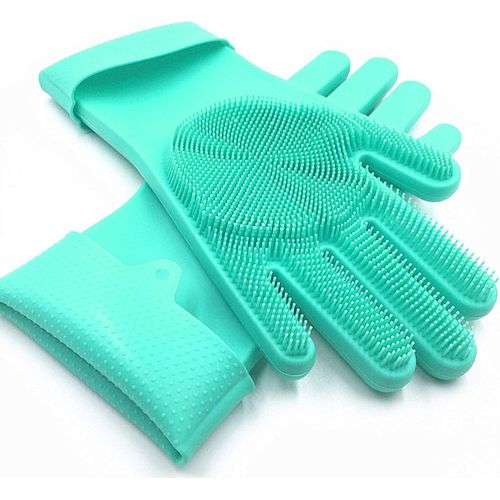 Magic silicone gloves with brushes for dishwashing, washing utensils, cleaning the kitchen and car, and pet care. One pair, multi-colored.