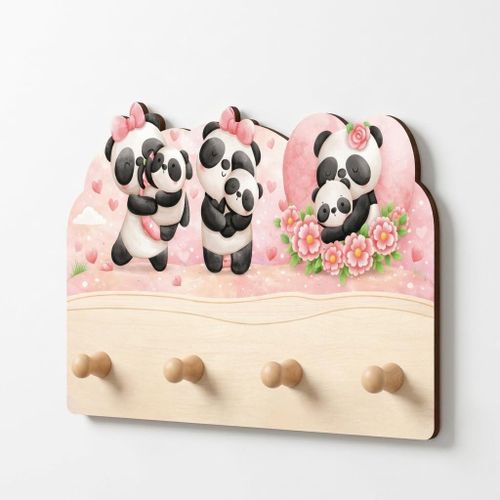 Cute Panda Baby Wall Hanger with Hearts and Flowers Baby Room Decor Girls Wooden Clothes Hanger Cartoon Soft Baby Gift Unique Design High Quality Stylish Design for Girls