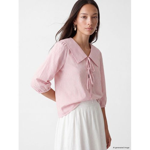Peter Pan Collar Plaid Lace-Up Blouse