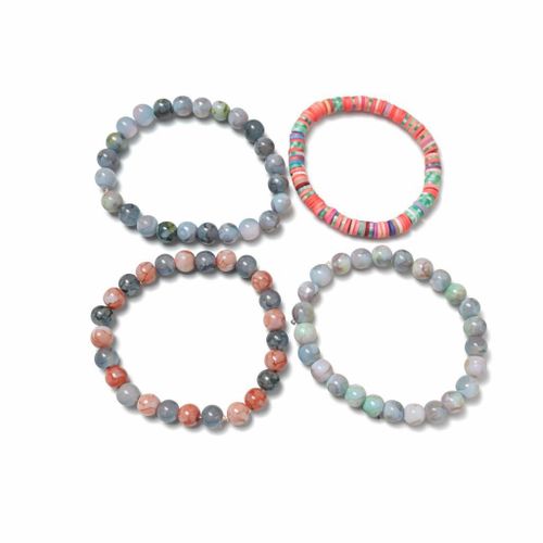 Beaded Bracelets Set, Multi-Color Stone and Striped Design, Stretch Elastic, Fashion Jewelry Collection (4 pieces)