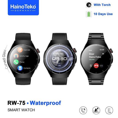 RW-75 Waterproof Smart Watch with AMOLED Display, Bluetooth Calling, and 3 Interchangeable Straps (Black) - Designed for Gents
