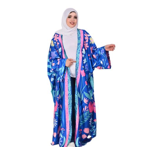 Women’s Long Floral Kimono Cardigan – Exclusive Artist-Created Print, Armani Satin Silk Fabric, Oversized Open Front Cover Up - Blue