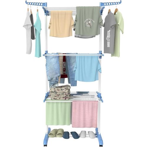 Clothes Drying Rack 3-Tier Foldable with 360° Lockable Wheels, 14 Hanger Holes, Indoor Laundry Airer, Stand Rust-Free Stainless Steel, Dry Stands with Wheels for Home, Blue and White