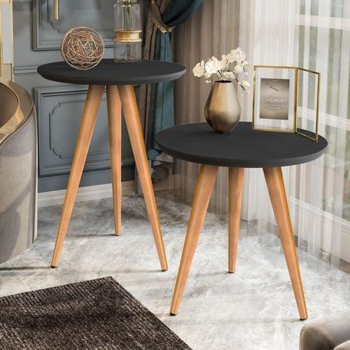 Set of 2 Side Tables MDF - Black - Height 45/50 - TW-008-B.2