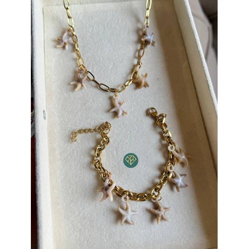 Summer Gold Stainless Steel Starfish Charm Necklace & Bracelet