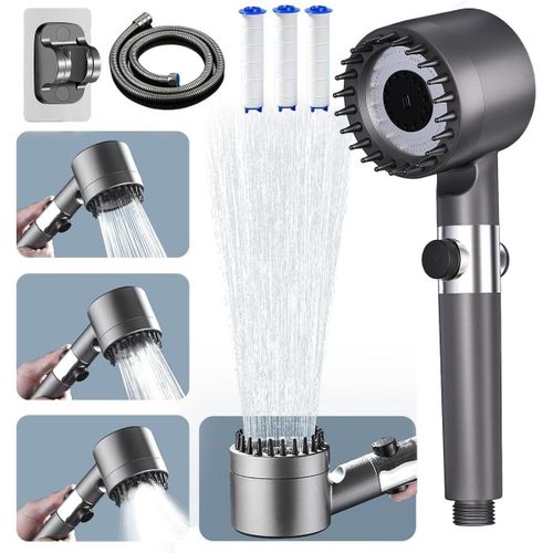 High Pressure Duche Head Water Saving Duche Head with 145 m Shower Hose and Shower Holder Bathroom Adjustable 3 Modes Anti-Limescale Shower Head with Water Stop Button